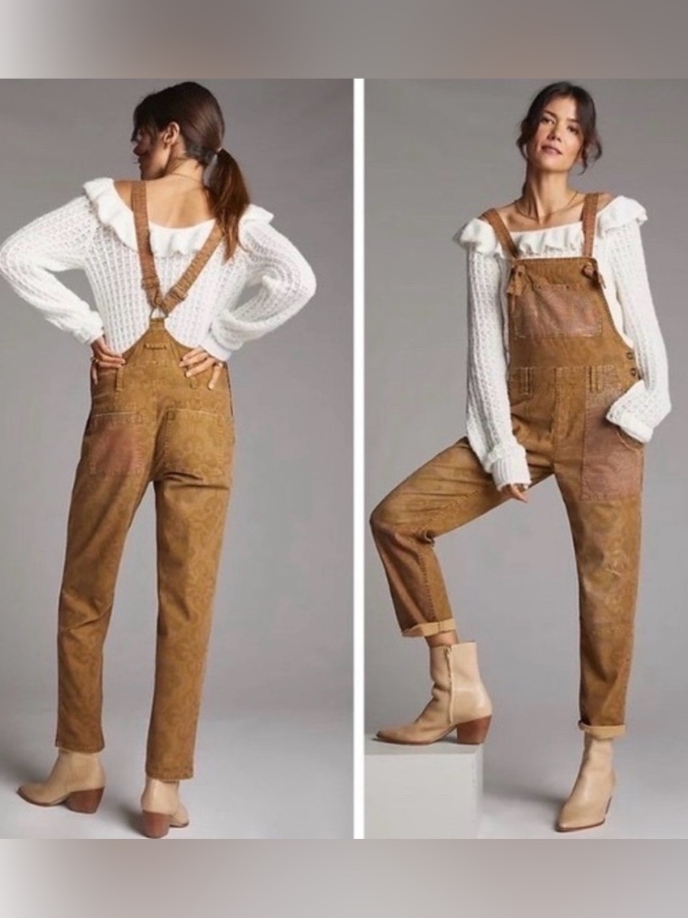 Pilcro Wanderer denim cotton Overall Anthropologie brown paisley boho fall artsy